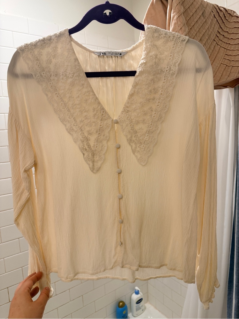 ZARA Cream Lace-Collar Button-Front Blouse
